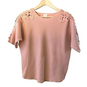 Luna Women's Pink Sweater Short Sleeve Lace Shoulder With‎ Faux Pearls Size S